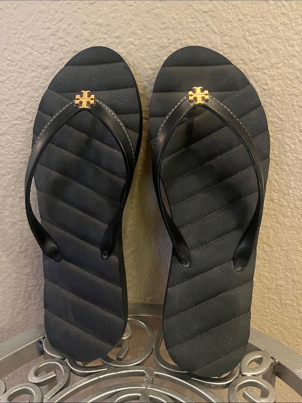Tory Burch Black Quilted Flip Flops with Gold Logo Accent
